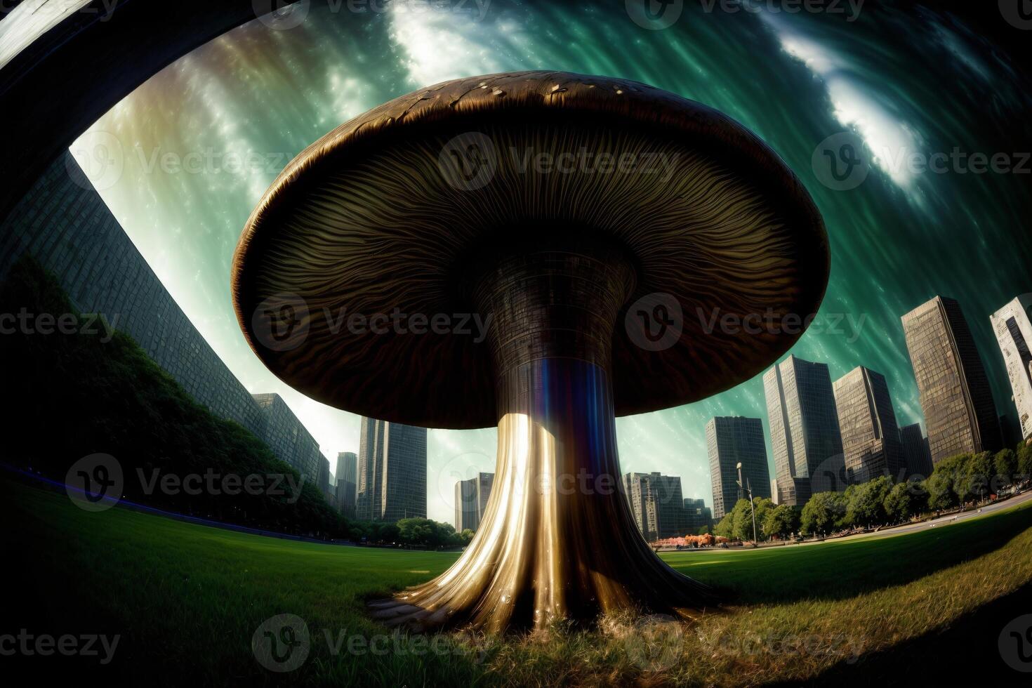 A Large Mushroom Sitting On Top Of A Lush Green Field. AI Generated photo