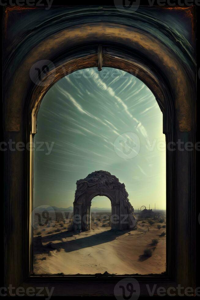 un imagen de un arco en el desierto. ai generado foto