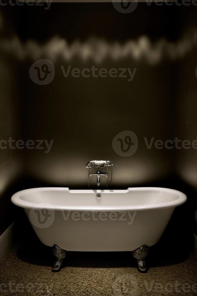 A White Bath Tub Sitting In A Bathroom. AI Generated photo