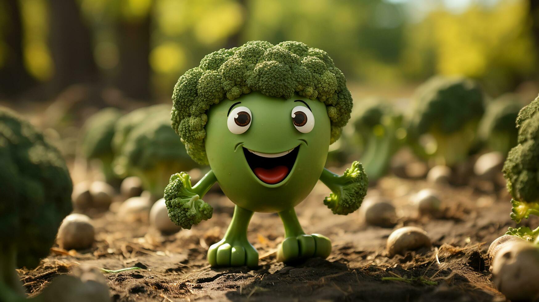 broccoli have face, hands and foots walking made by AI generative photo