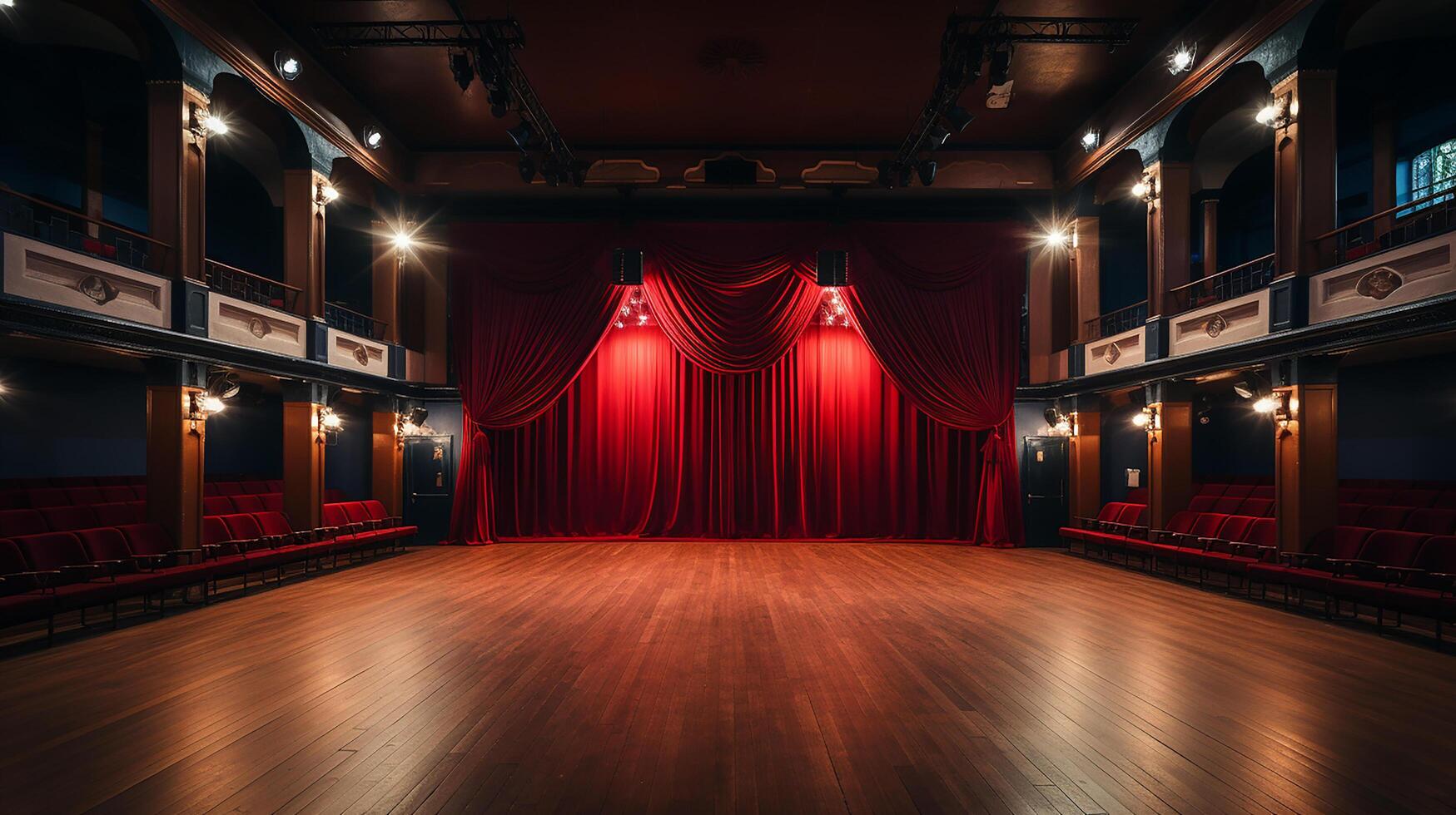 theater stage, with red curtain, wooden floor, chairs and lighting photo