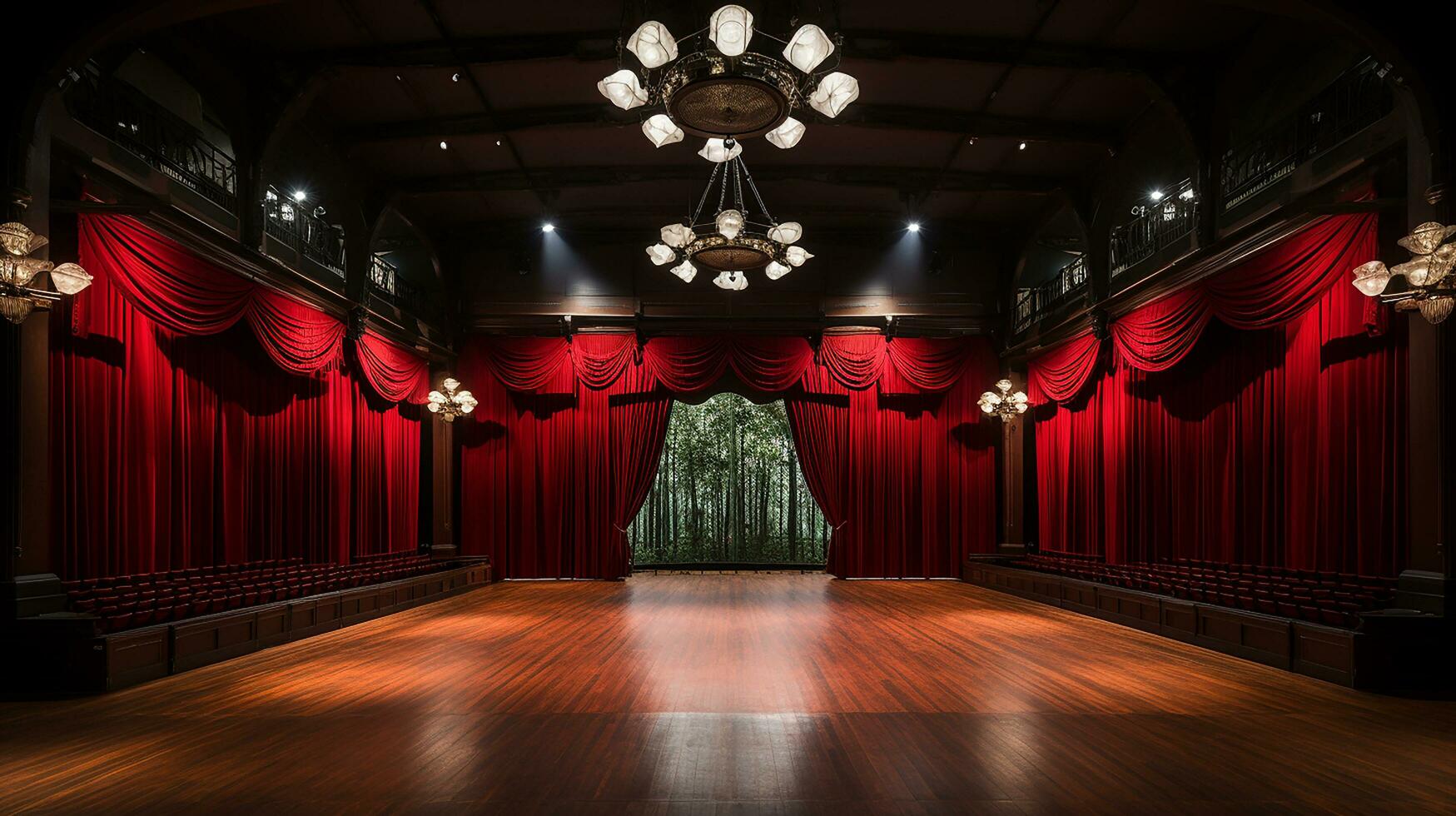 theater stage, with red curtain, wooden floor, chairs and lighting AI generative photo