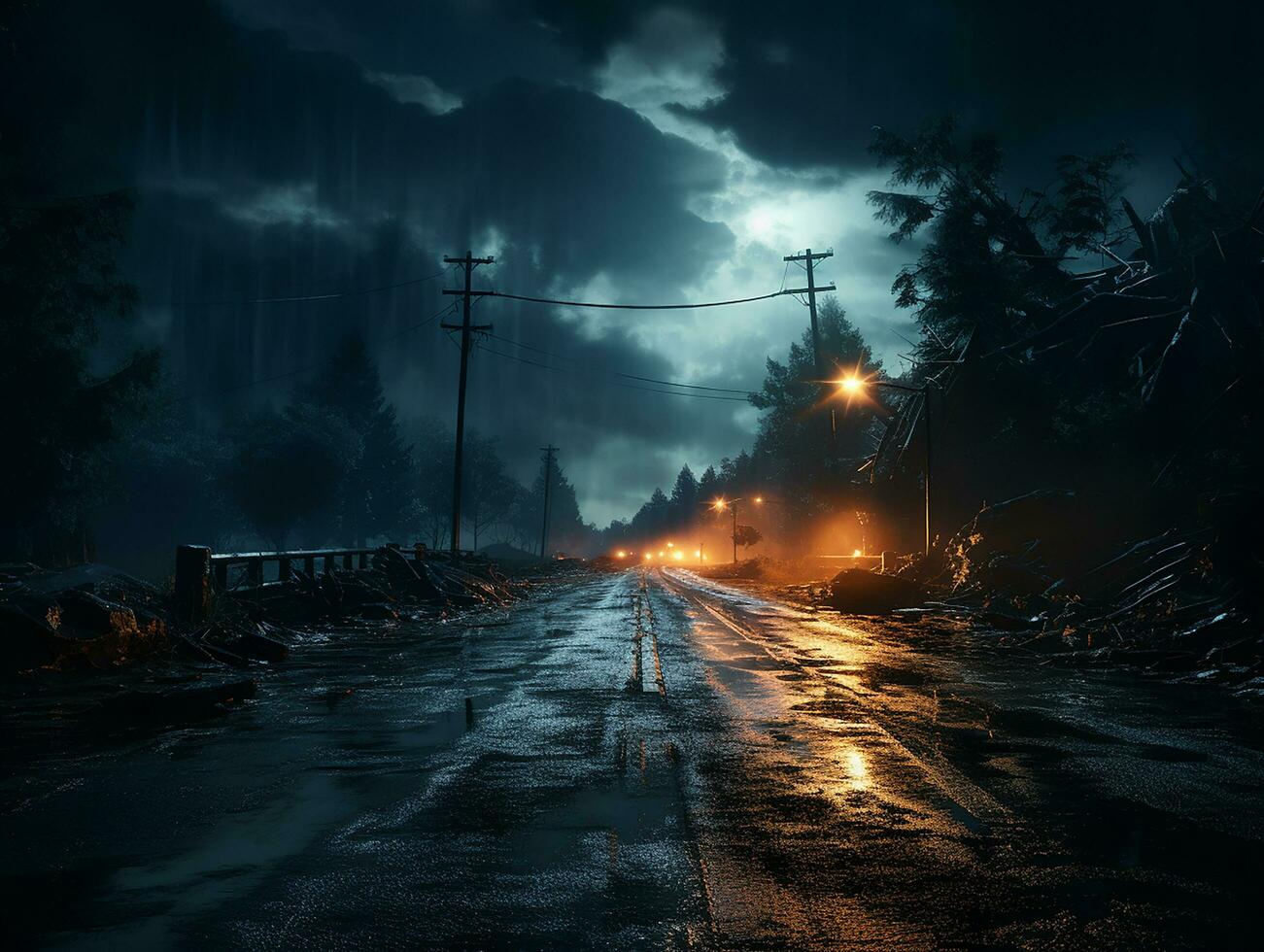 autopista la carretera en el noche con pesado lluvia y relámpago ai generativo foto