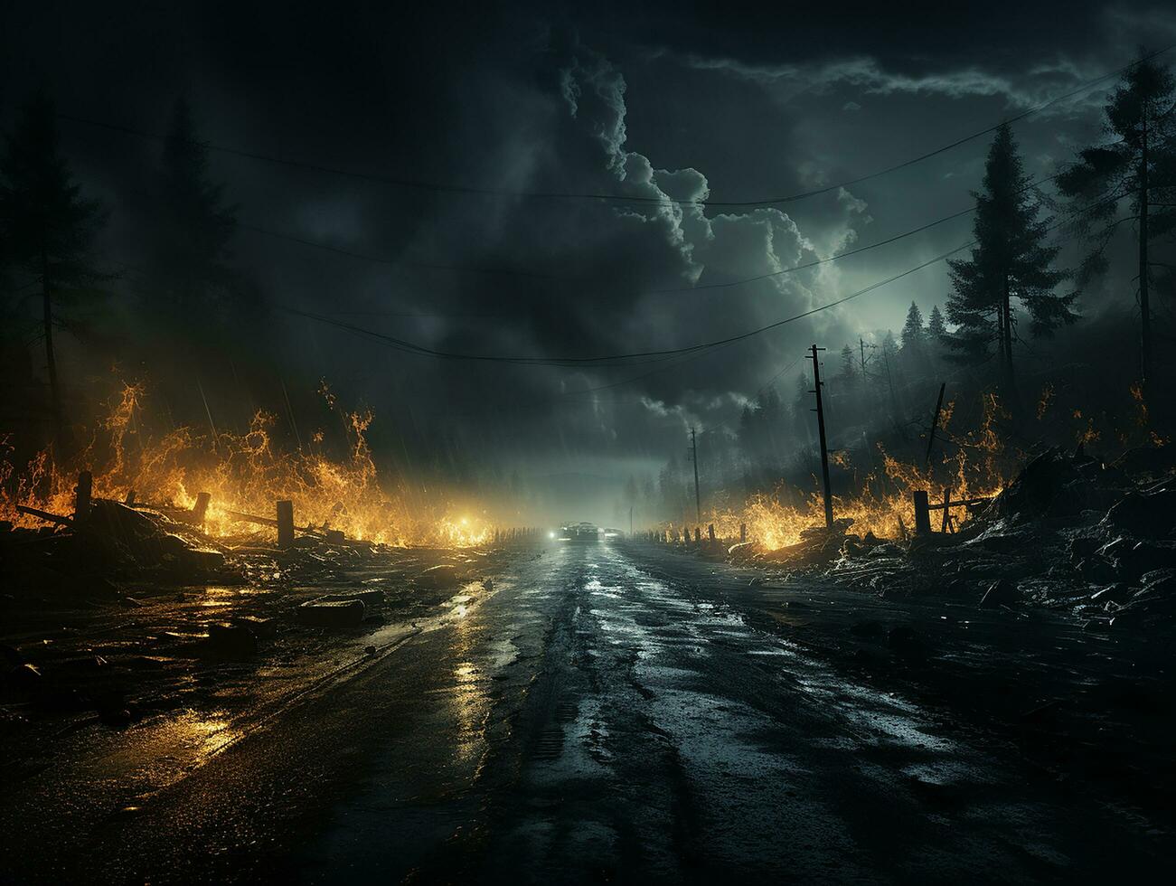 highway road in the night with heavy rain and lightning AI generative photo