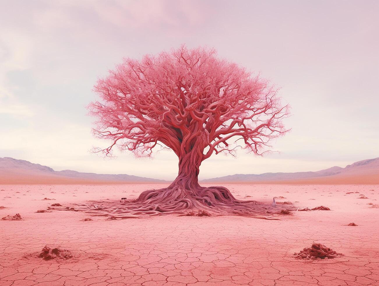 panoramic picture of a baby pink leafed tree in the middle of red utopia desert photo