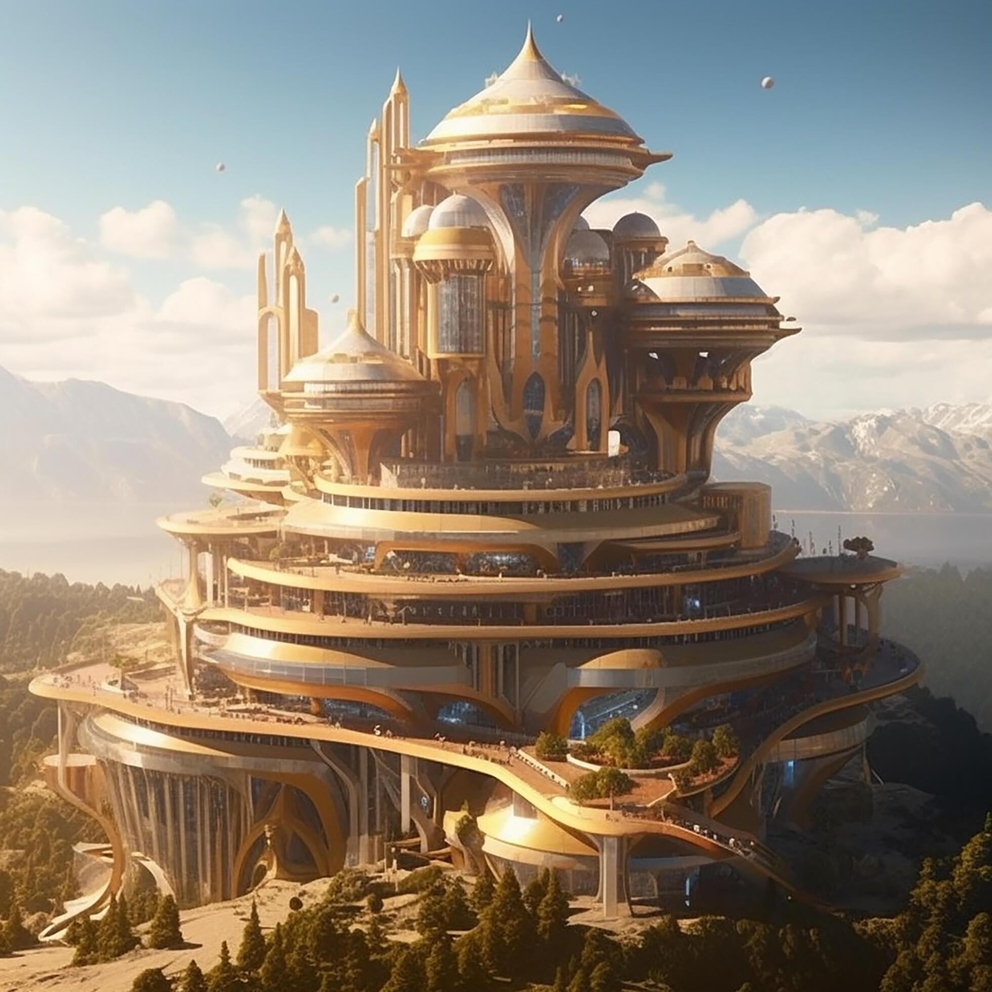 futuristic castle in utopia 26422900 Stock Photo at Vecteezy