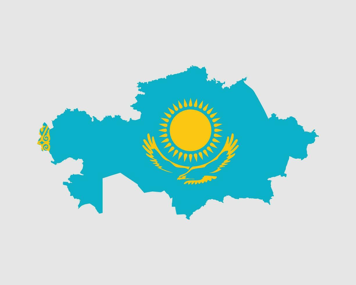 Kazakhstan Map Flag. Map of the Republic of Kazakhstan with the Kazakhstani country banner. Vector Illustration.