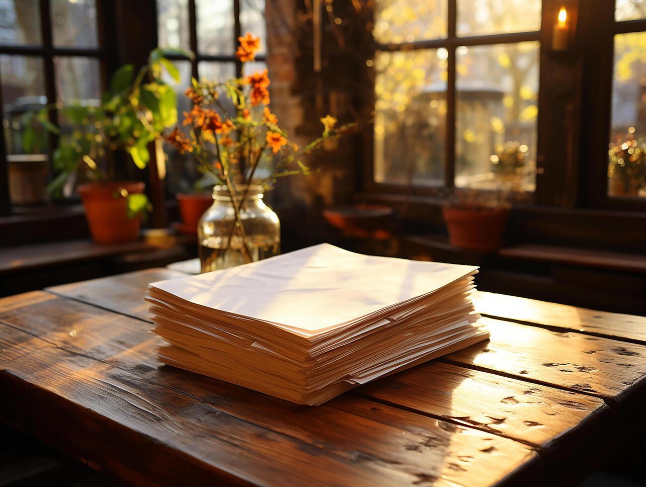 paper on the wooden table, real photography with smooth lighting and sun light AI generate photo