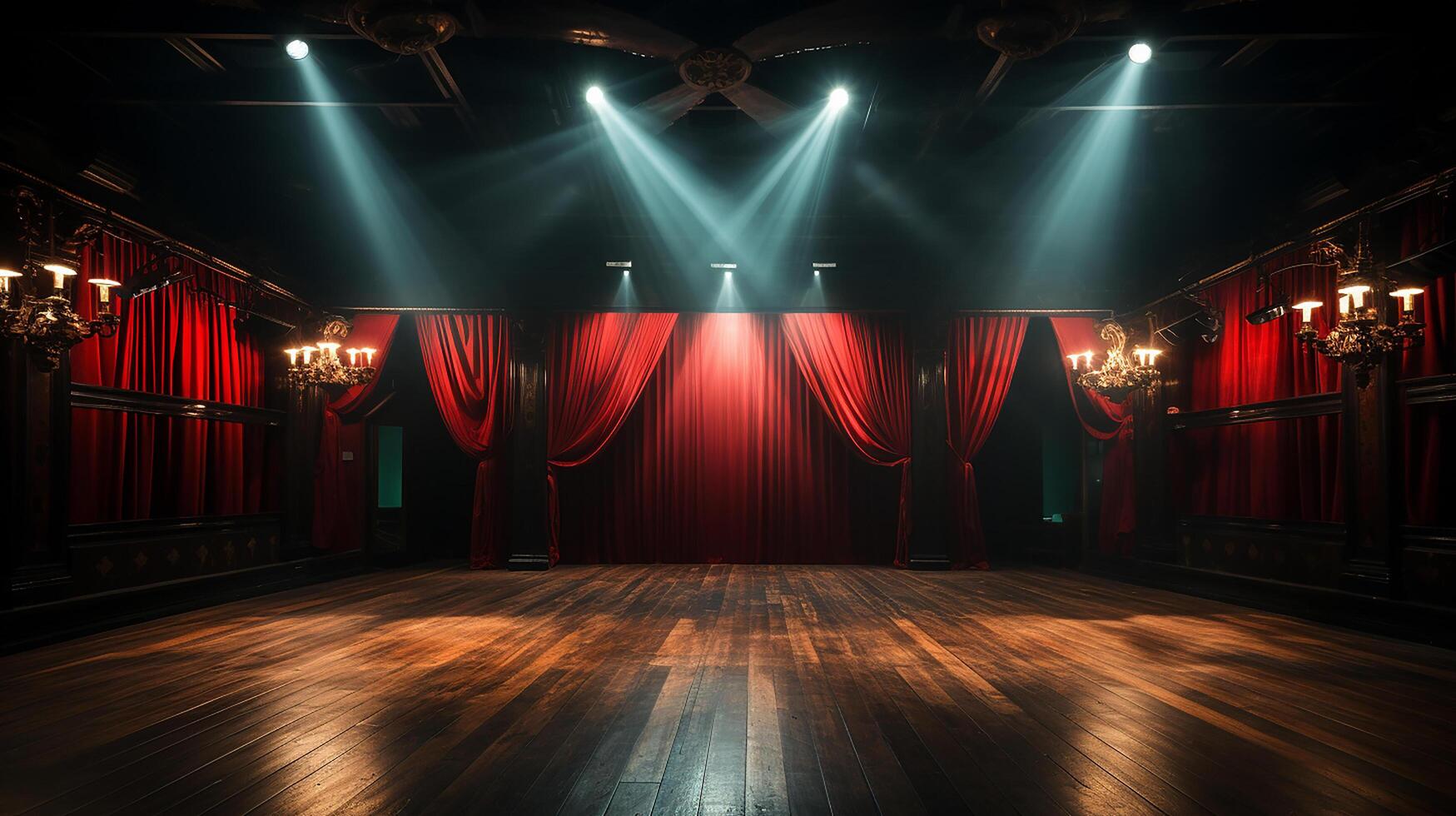 theater stage, with red curtain, wooden floor, chairs and lighting photo