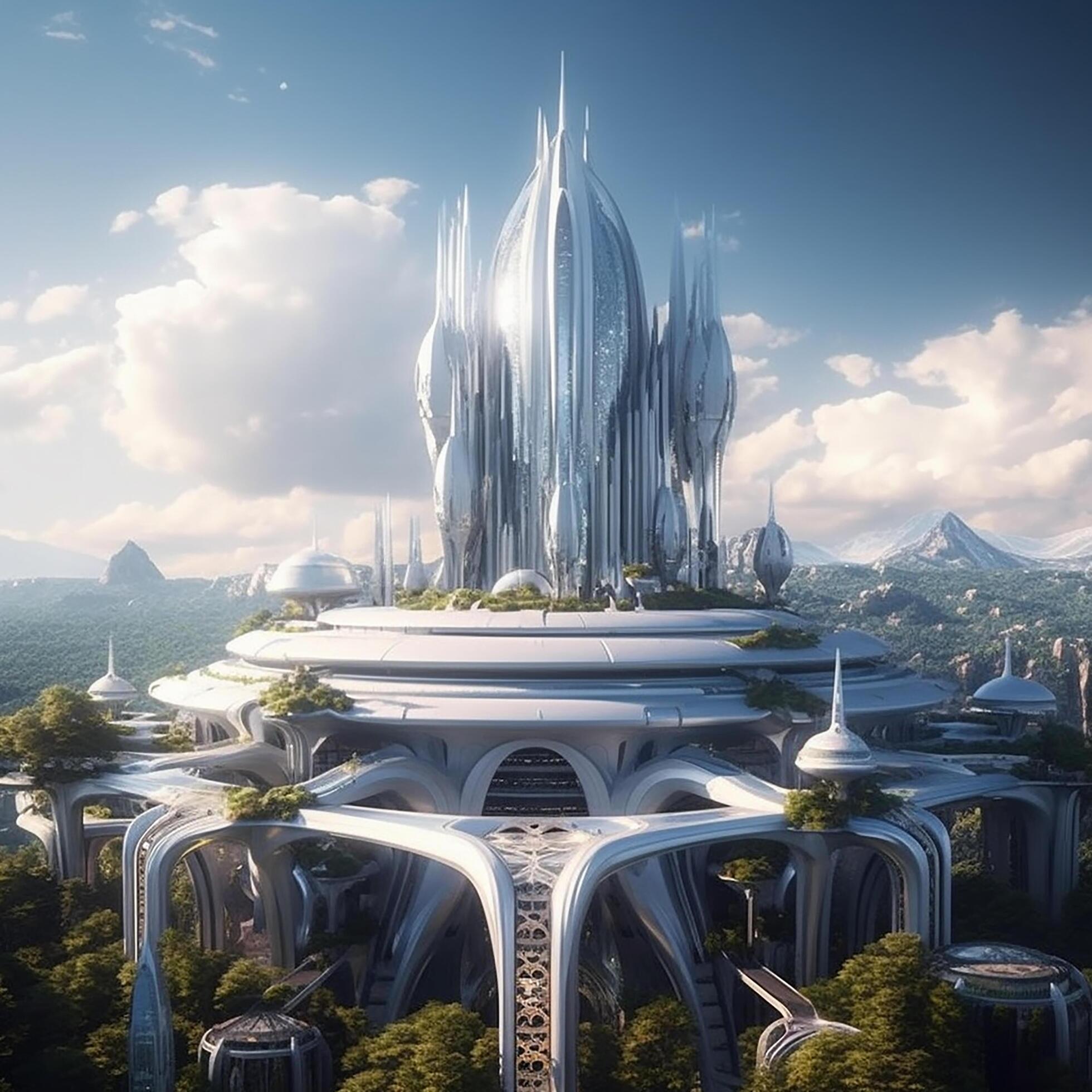 futuristic castle in utopia 26423113 Stock Photo at Vecteezy