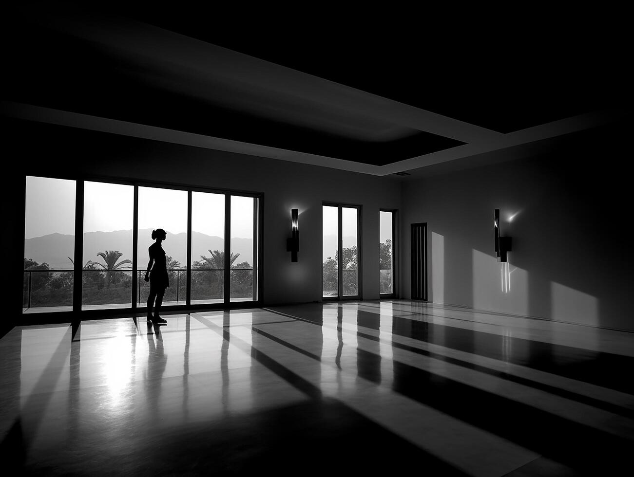 black and white picture of a silhouette in the empty room generative AI photo