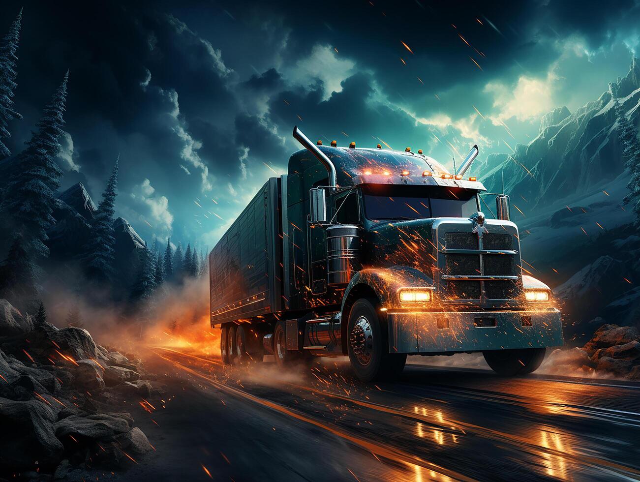 a white truck on highway, with galaxy background, insane detail made by AI generative photo