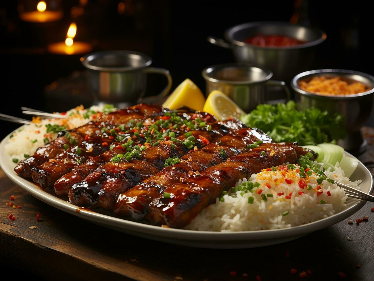 photography of sate with peanut sauce on wooden table AI generated photo