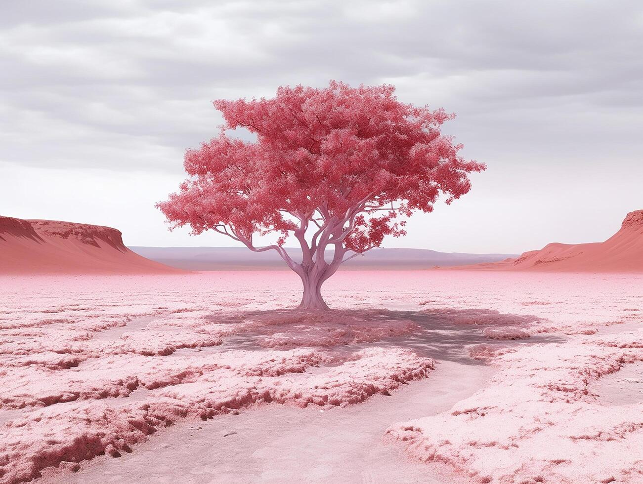 panoramic picture of a baby pink leafed tree in the middle of red utopia desert photo
