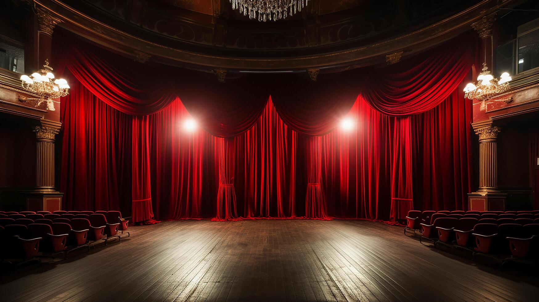theater stage, with red curtain, wooden floor, chairs and lighting photo