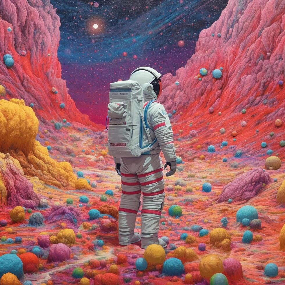 an astronaut standing in a cotton candy at the candy land full with color AI generative photo