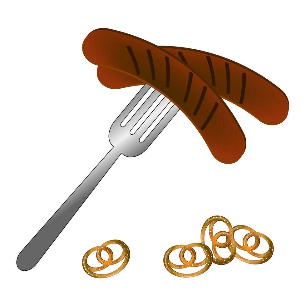 food sausage and fork, pretzel cartoon vector illustration isolated object. oktoberfest theme
