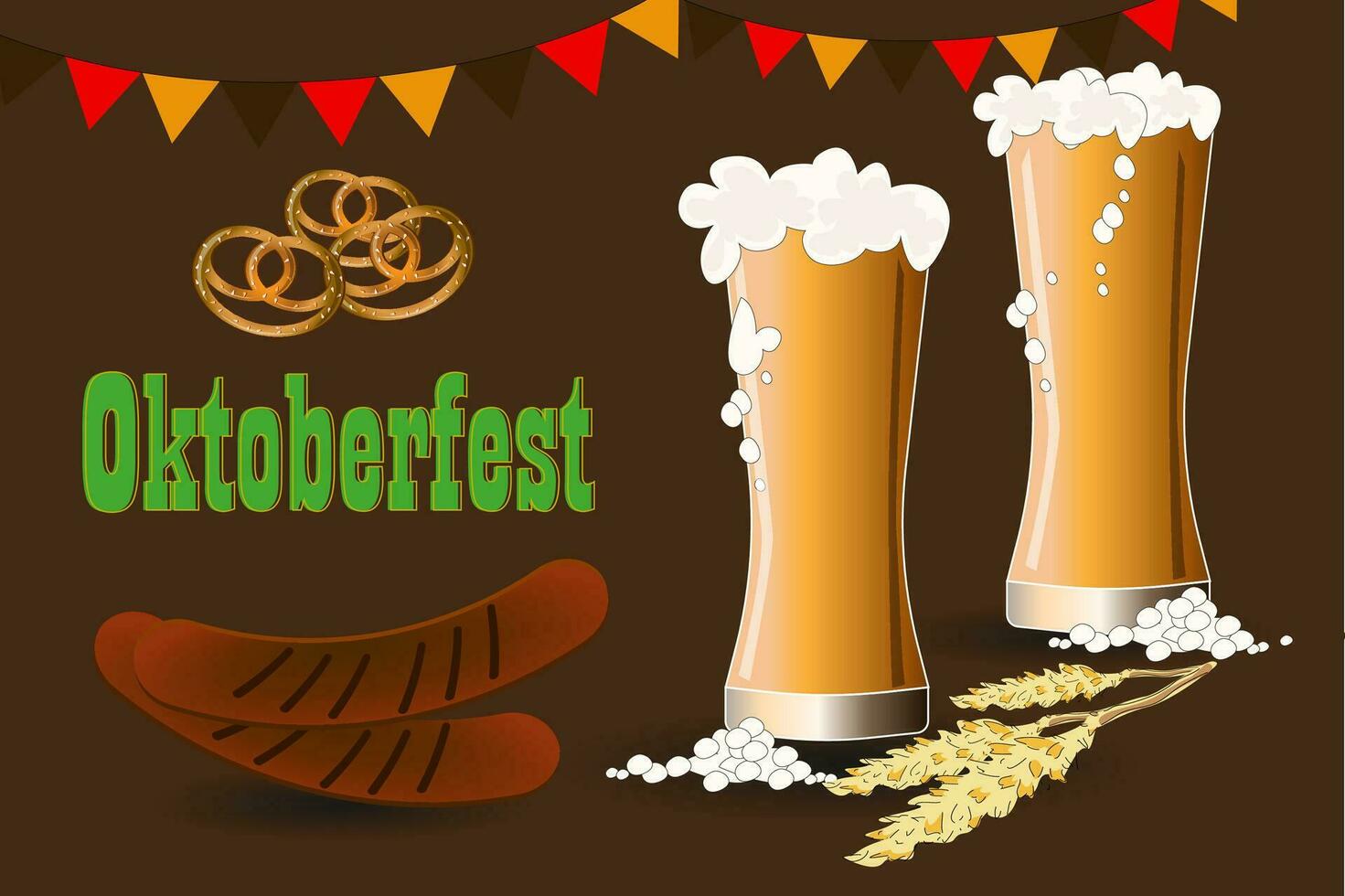 OKTOBERFEST BEER FESTIVAL. Pretzel, bavarian sausages and two Beers vector