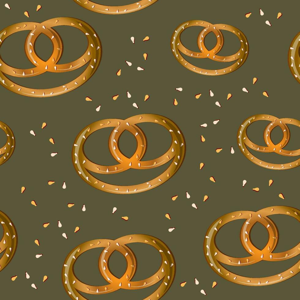 Vector Seamless pattern with Pretzels on a green background. Krengel with Sesame seeds