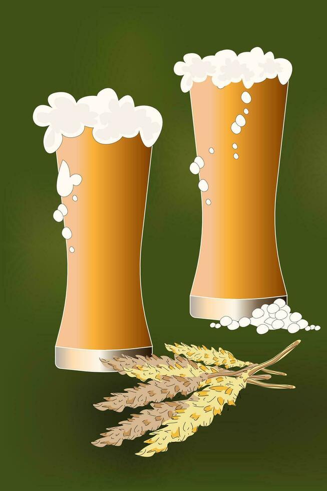 two beers in a glass glass full with foam and wheat vector
