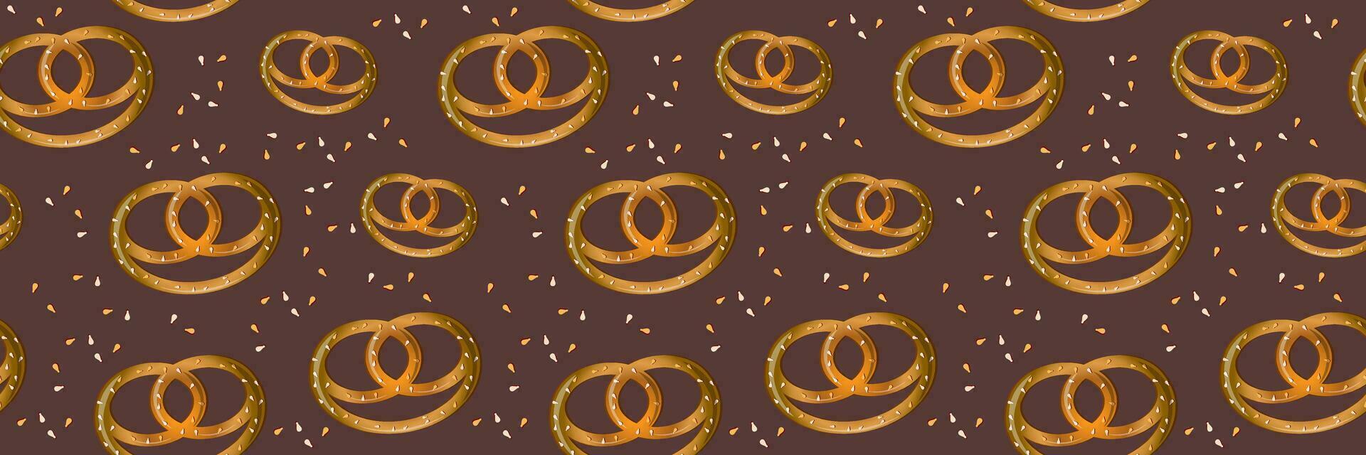 Vector seamless pattern with pretzels on a dark background. Krengel with sesame seeds.