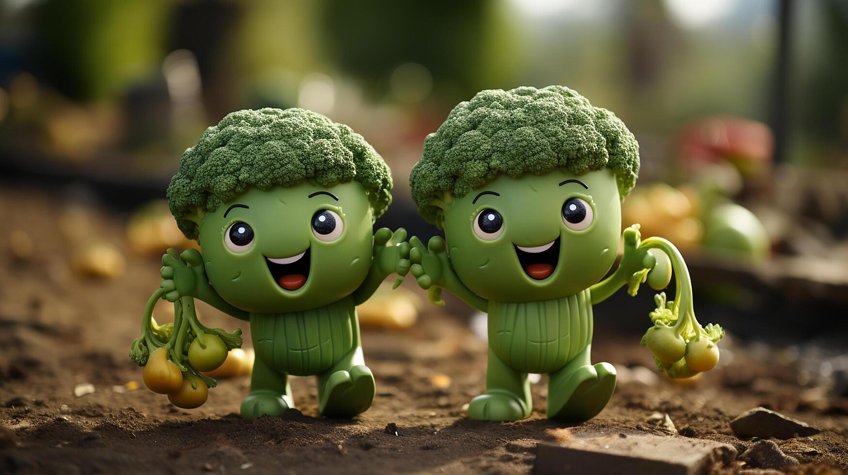 broccoli have face, hands and foots walking made by AI generative photo