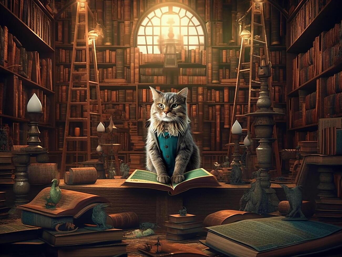 surrealist picture of a professor cat in a library, insane detail AI generative photo