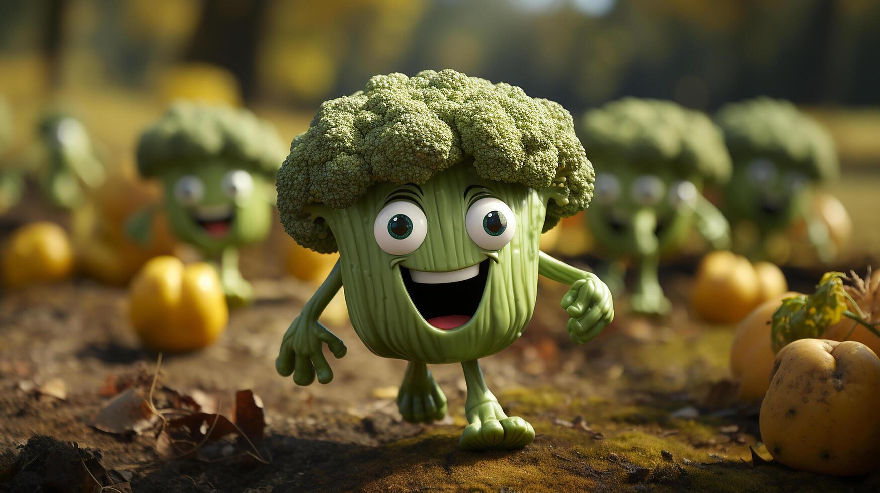 broccoli have face, hands and foots walking made by AI generative photo