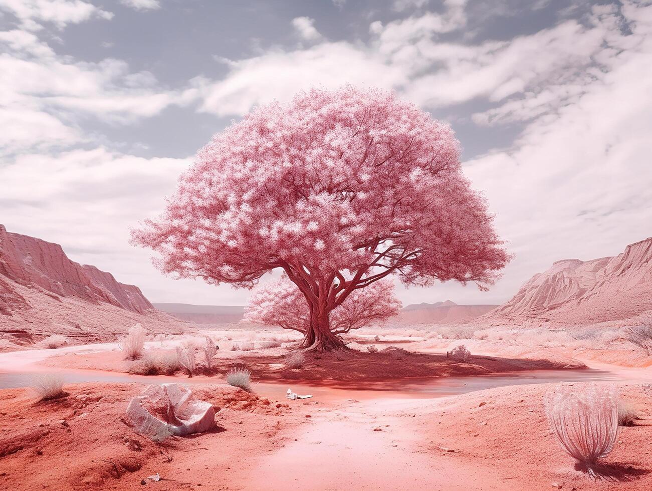 panoramic picture of a baby pink leafed tree in the middle of red utopia desert photo