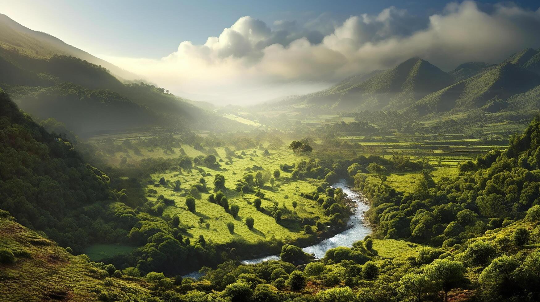 Panoramic photo of a green lush valley on a late afternoon, seems majestic AI generative