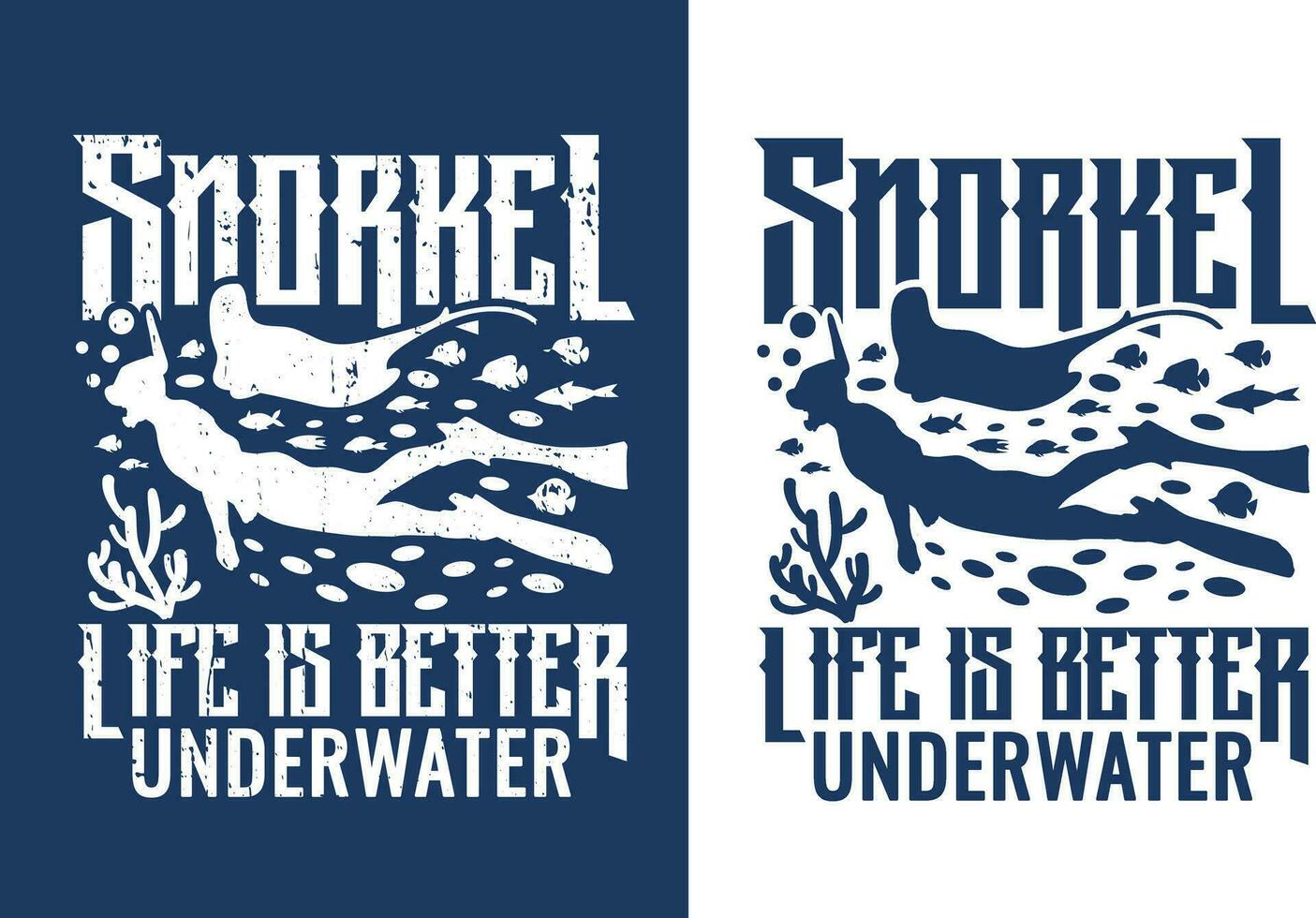 Snorkel, life is better underwater. The diver swimming is surrounded by stingrays, fish, and bubbles. Vector illustrator