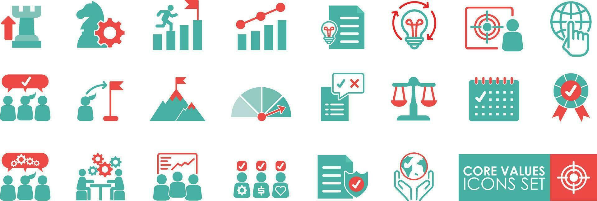 Core values icons set, Integrity, Target purpose, and Strategy. Core values line icons. Trust handshake, commitment goal icons. Growth chart, innovation, core values network. Solid icon simple style. vector