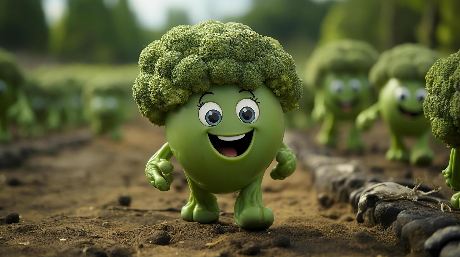 broccoli have face, hands and foots walking made by AI generative photo