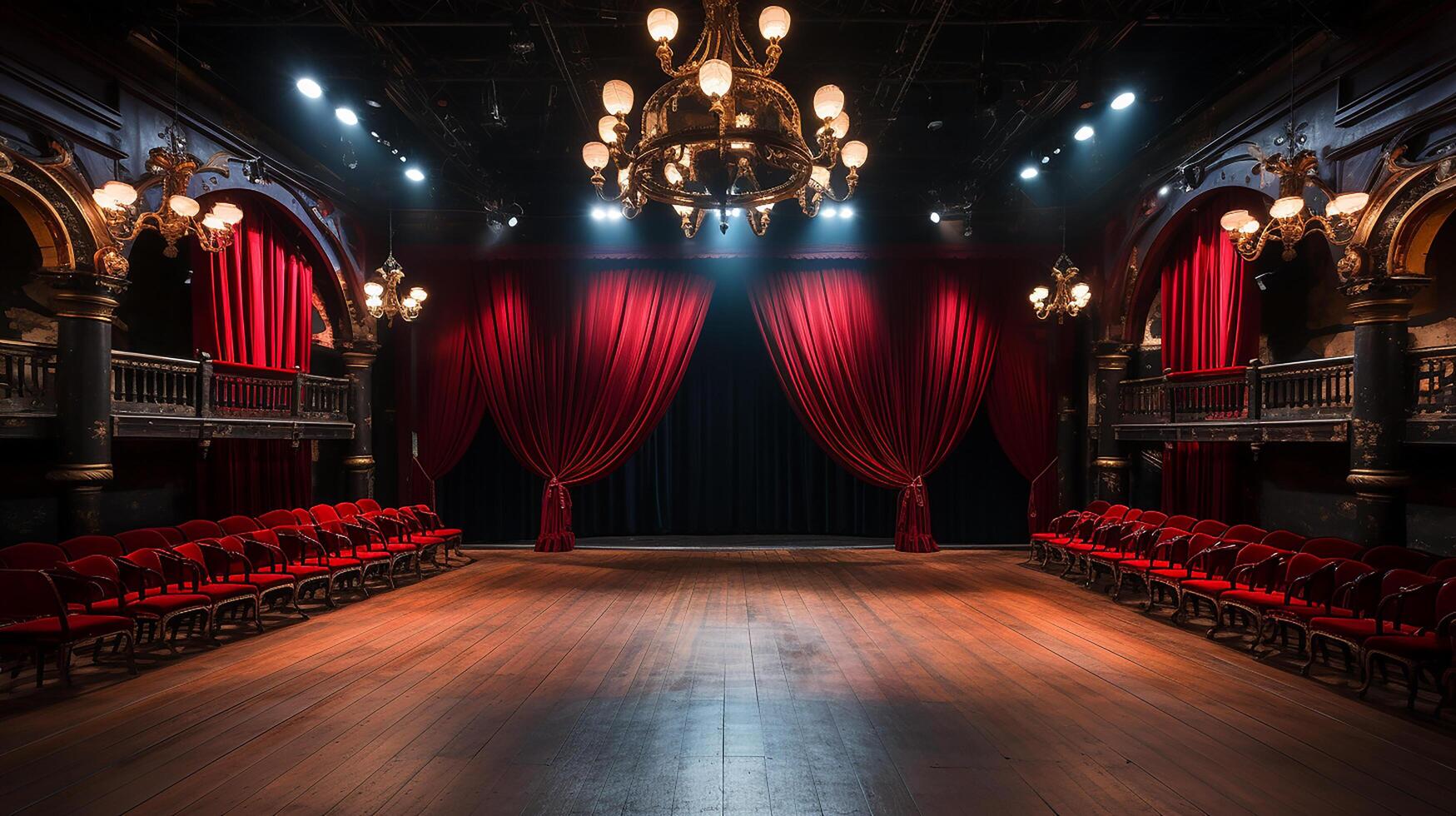 theater stage, with red curtain, wooden floor, chairs and lighting AI generative photo