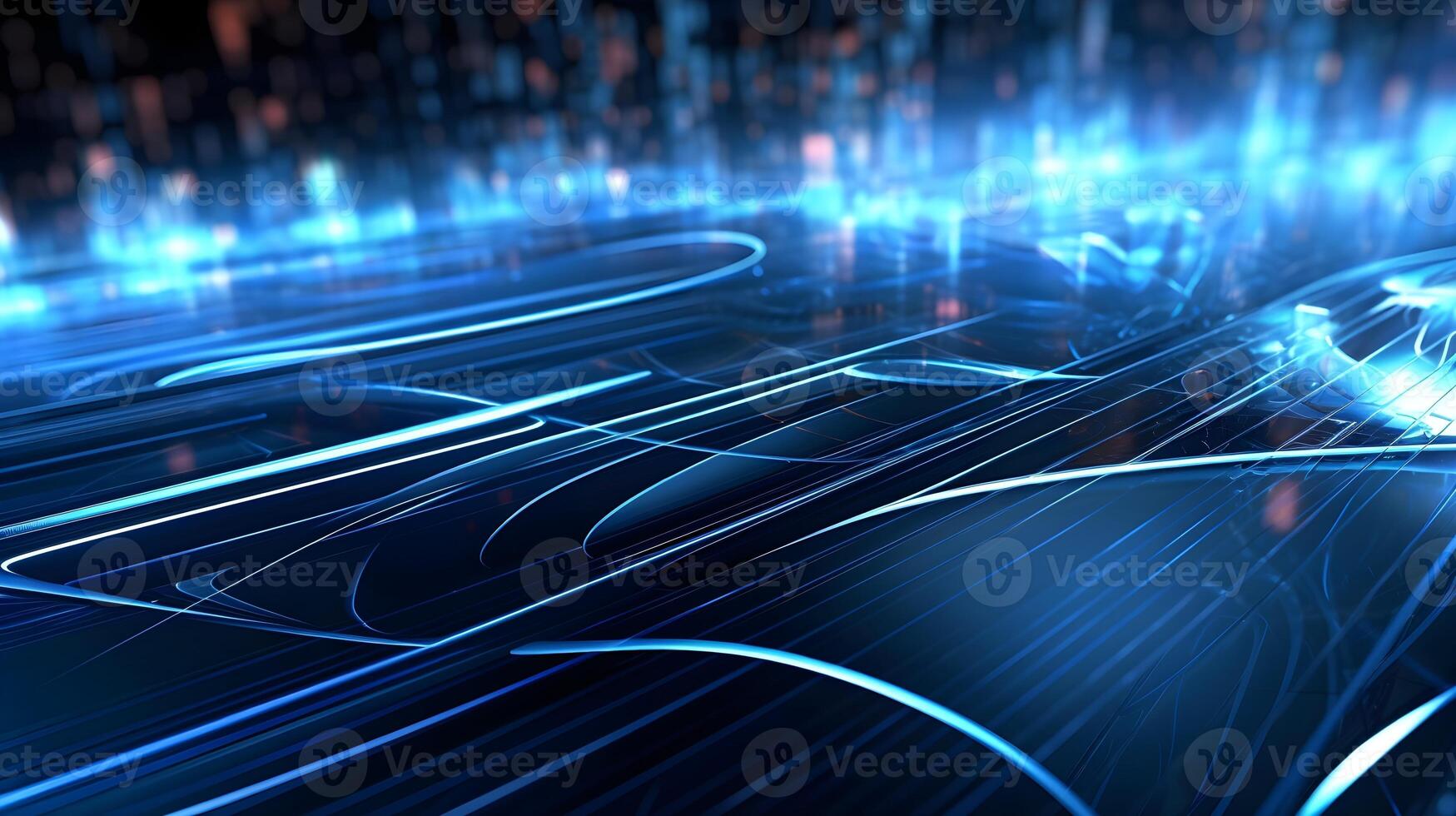 abstract technology background with circuit board and blue lights digital communication line concept graphic, hardware computer tech integrated energy design information internet generative Ai. photo