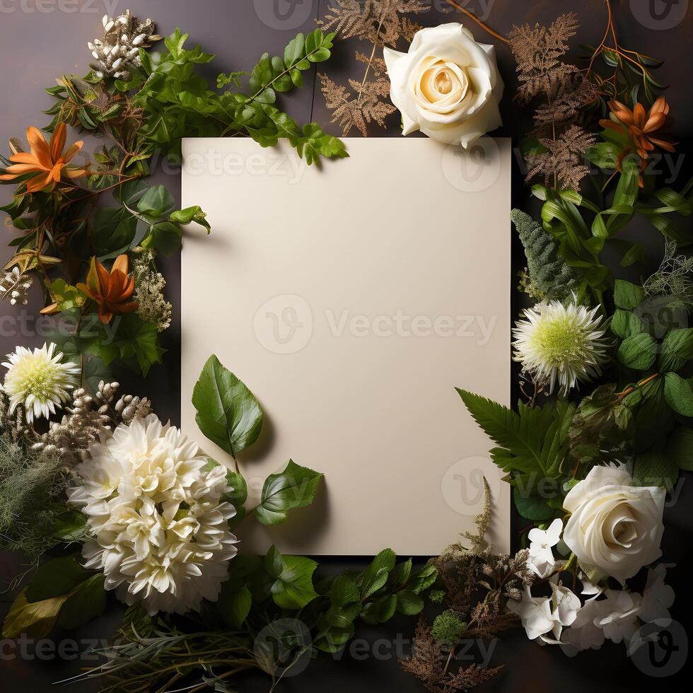 plants flowers with mockup paper card note Flat lay Nature concept top view . photo