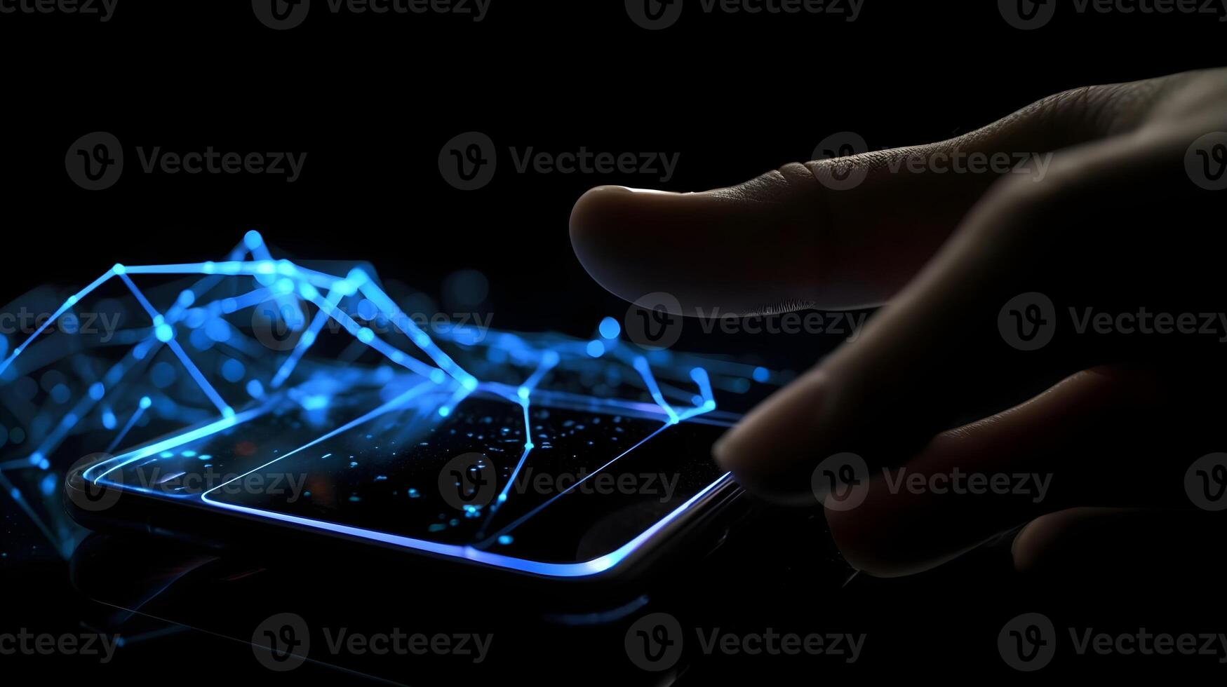 Human hand touching hologram screen with finger with glowing polygonal wireframe on dark background . photo
