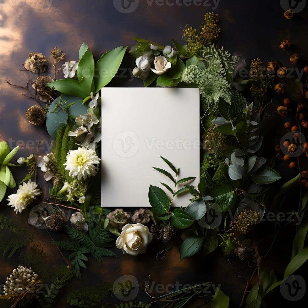 plants flowers with mockup paper card note Flat lay Nature concept top view . photo