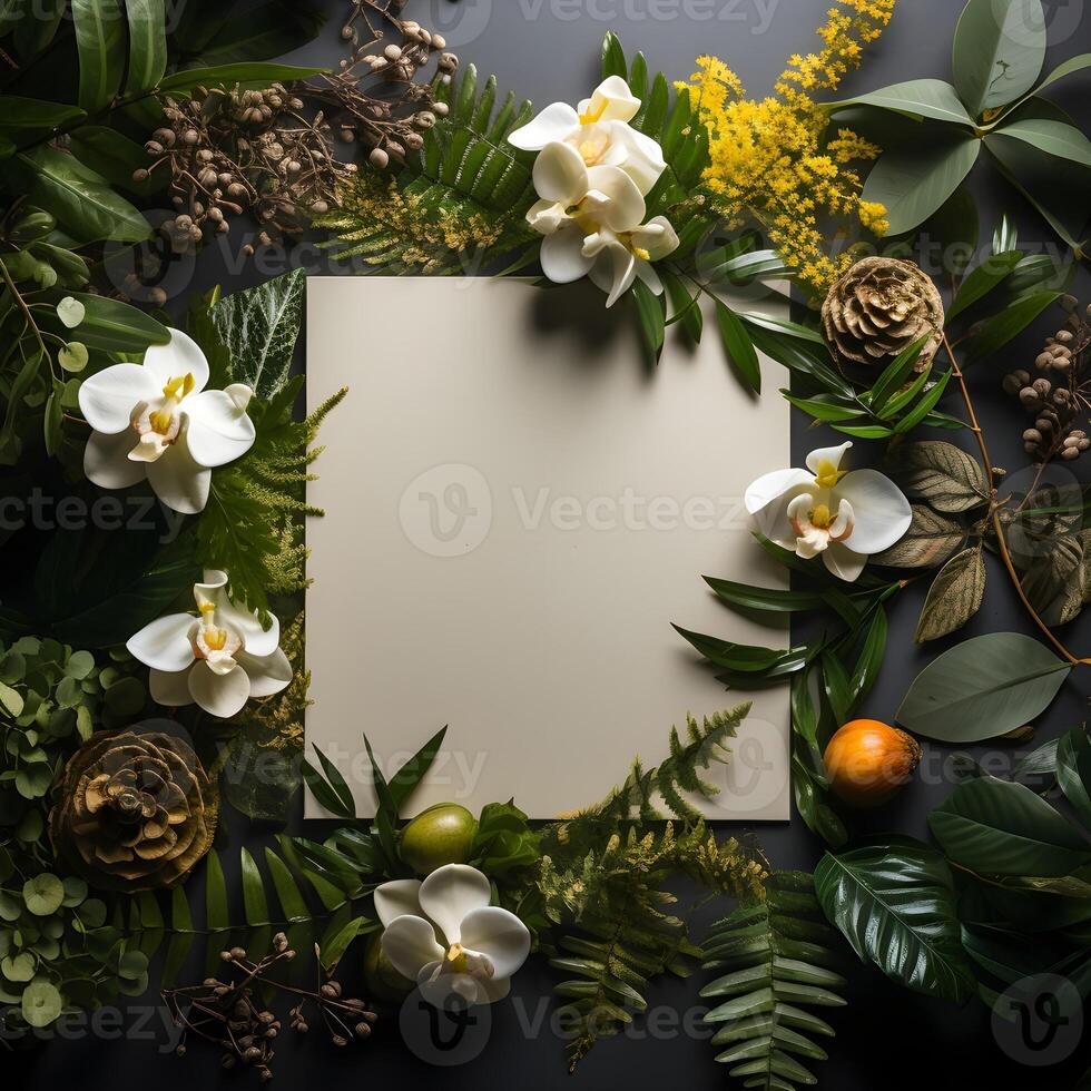 plants flowers with mockup paper card note Flat lay Nature concept top view generative AI. photo