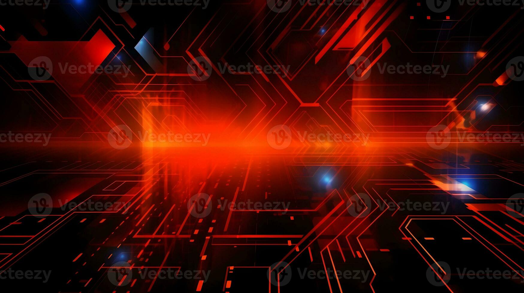 abstract technology background with circuit board and blue lights digital communication line concept graphic, hardware computer tech integrated energy design information internet generative Ai. photo