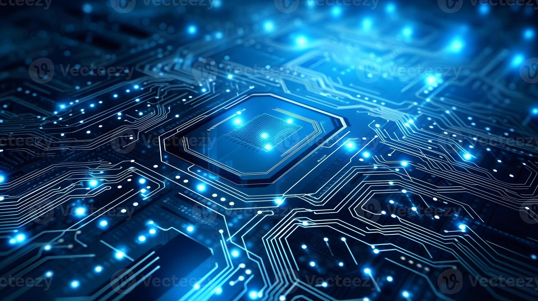 abstract technology background with circuit board and blue lights digital communication line concept graphic, hardware computer tech integrated energy design information internet . photo