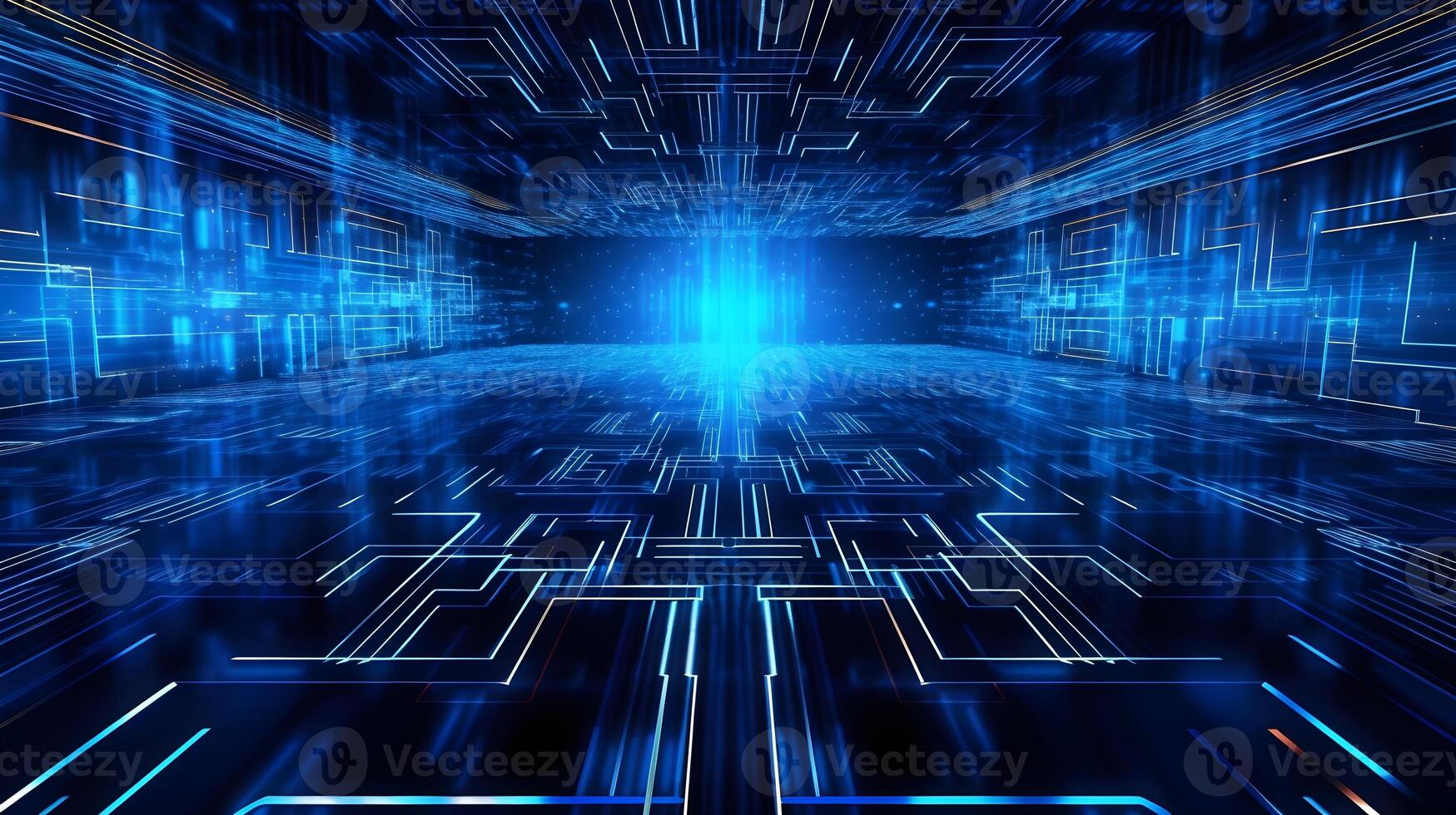 abstract technology background with circuit board and blue lights digital communication line concept graphic, hardware computer tech integrated energy design information internet . photo