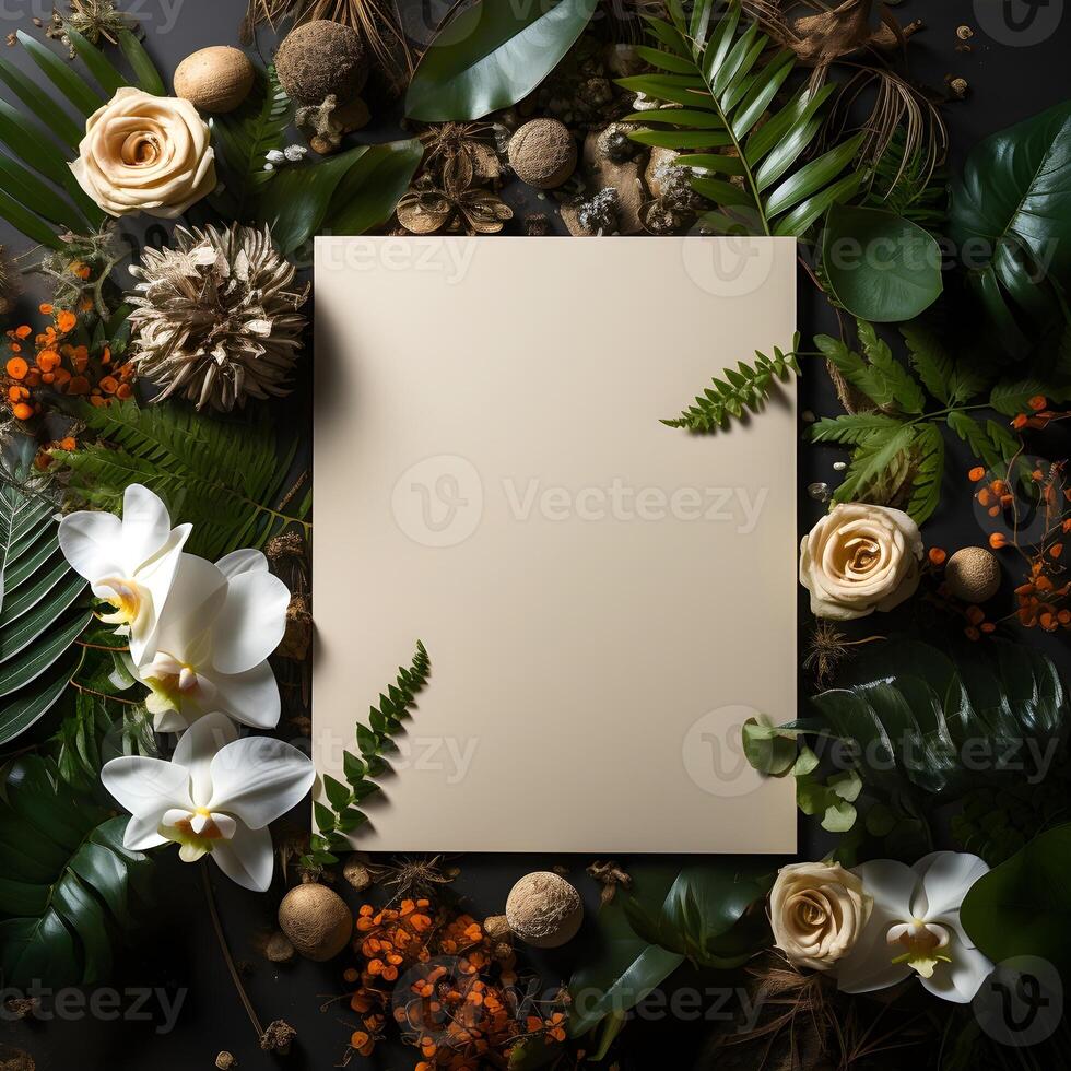 plants flowers with mockup paper card note Flat lay Nature concept top view . photo