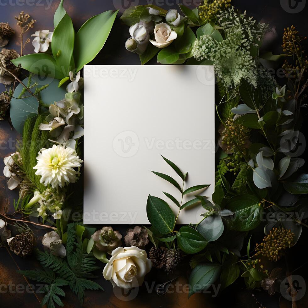 plants flowers with mockup paper card note Flat lay Nature concept top view . photo