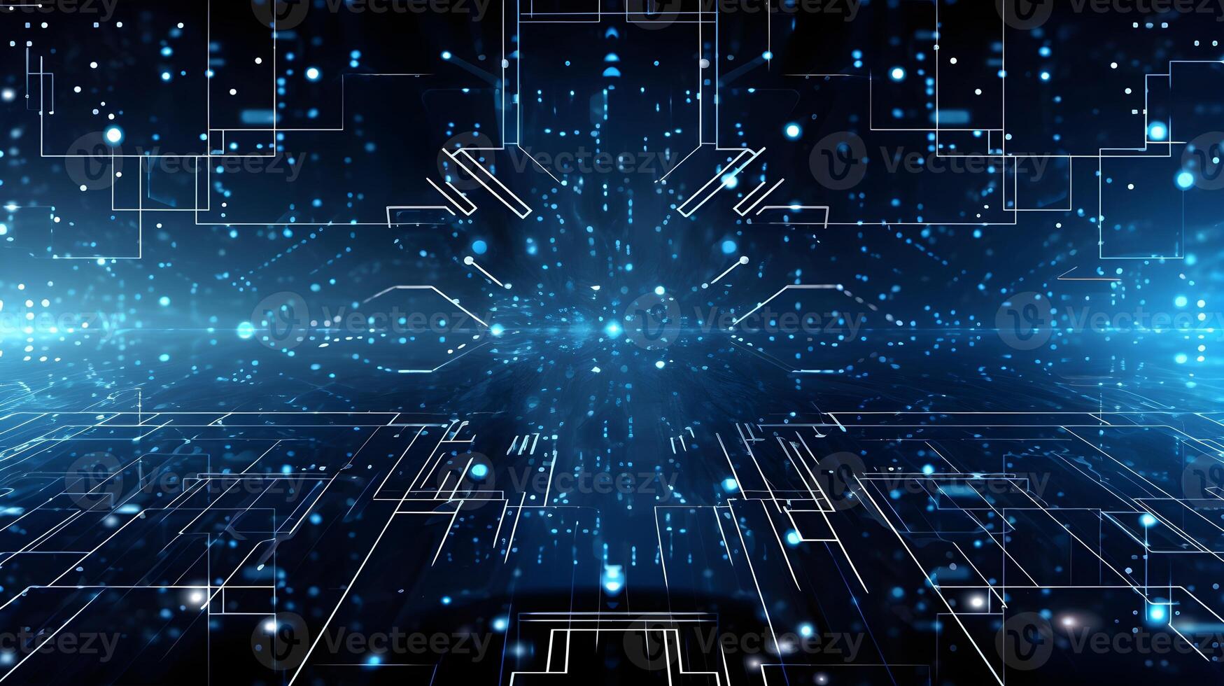 abstract technology background with circuit board and blue lights digital communication line concept graphic, hardware computer tech integrated energy design information internet . photo