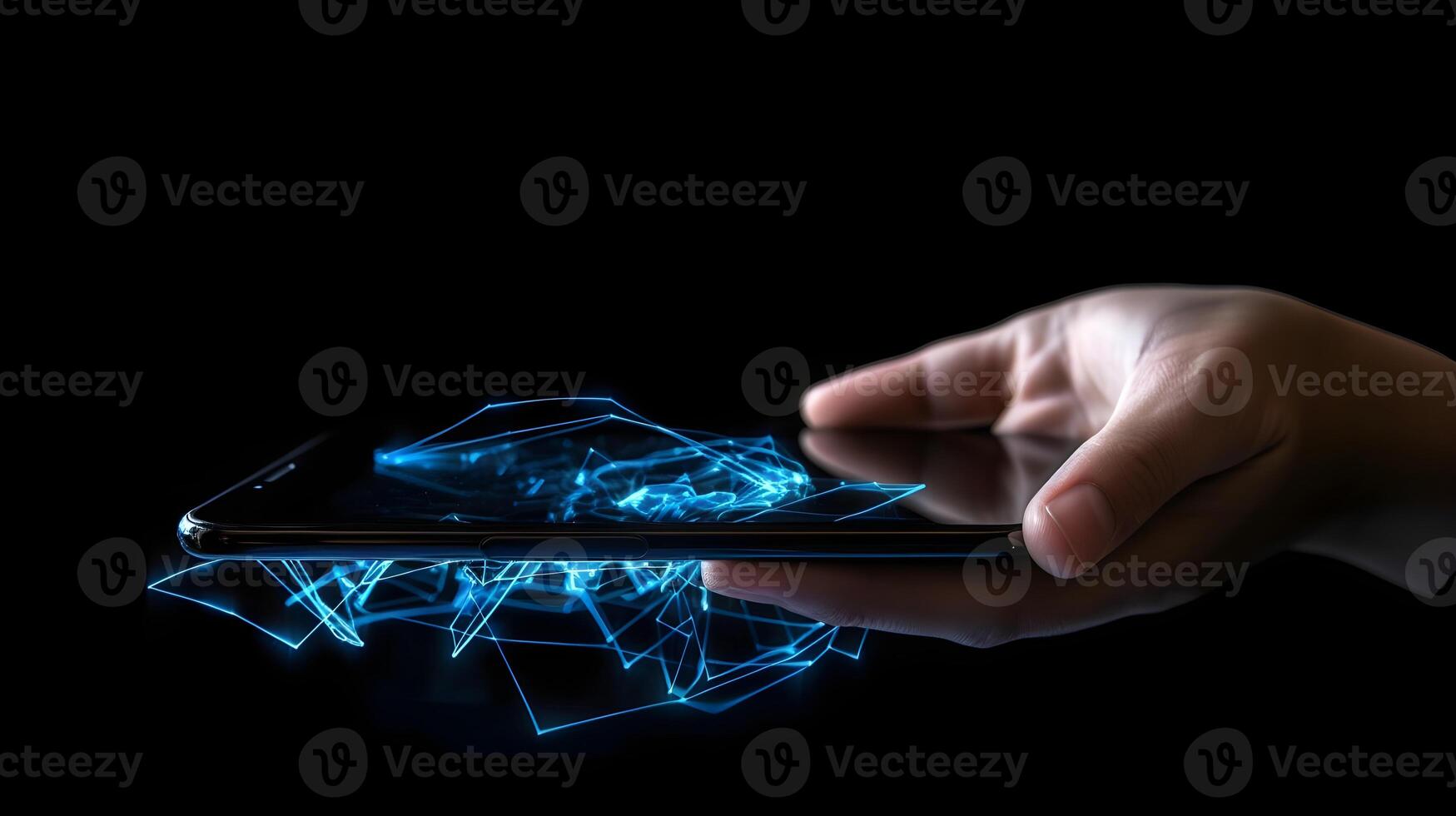 Human hand touching hologram screen with finger with glowing polygonal wireframe on dark background . photo