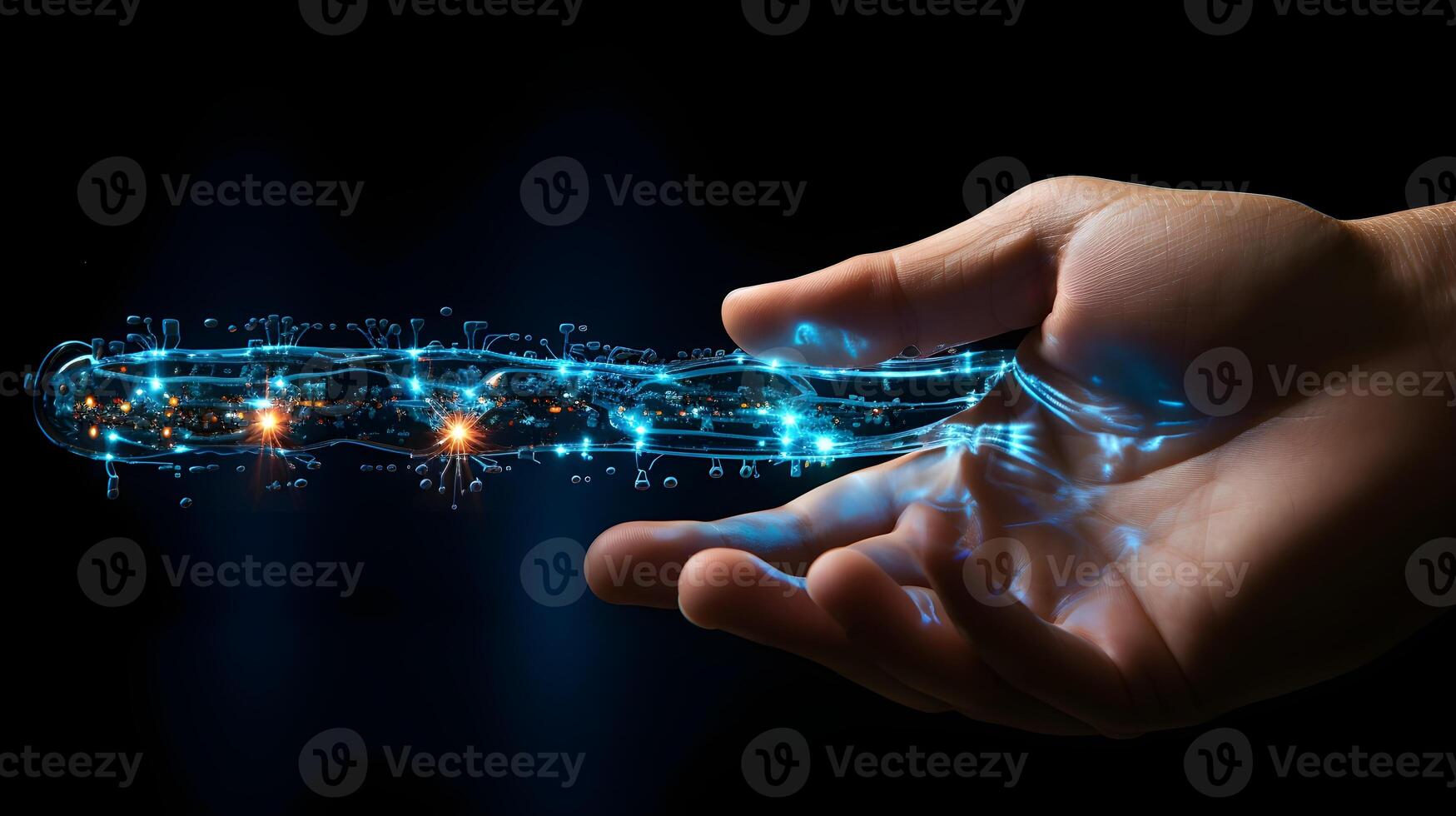 Human hand touching hologram screen with finger with glowing polygonal wireframe on dark background . photo