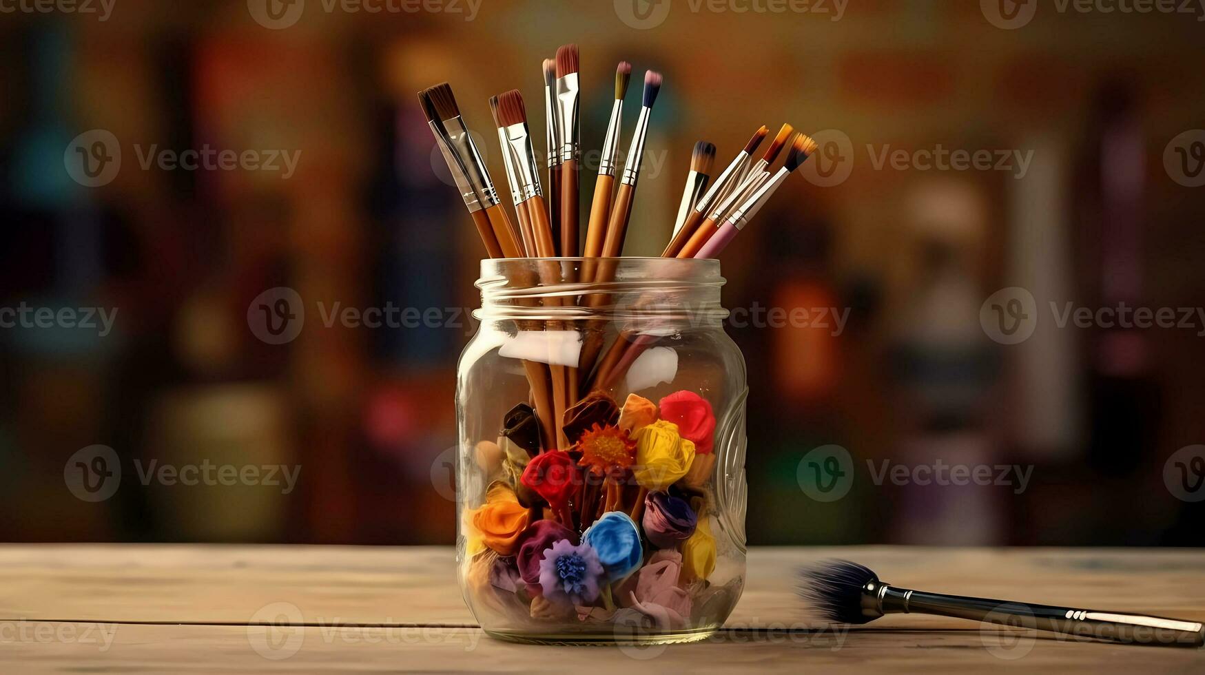 AI Generative Mason Jar with Colorful Paintbrushes photo