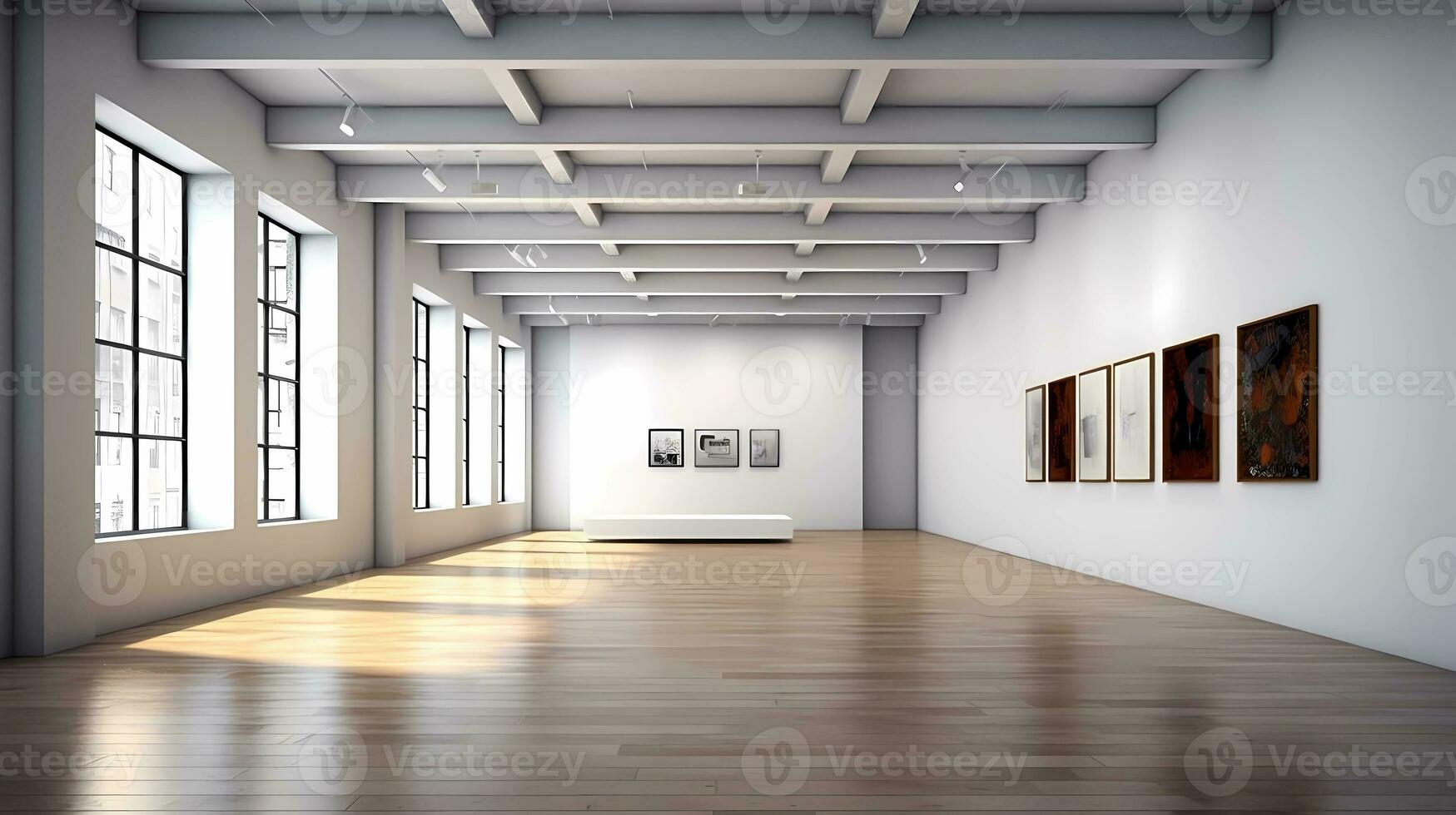 AI Generative minimalist art gallery hosting an exhibition, contemporary art, gallery, exhibition photo