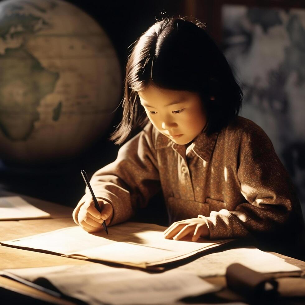 An Asian child studying in a classroom photo